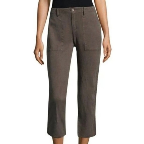 Joie Linen Blend Fray Hem Stud Detail Straight Leg Cropped Pants Army Green Sz 8 - Picture 1 of 16